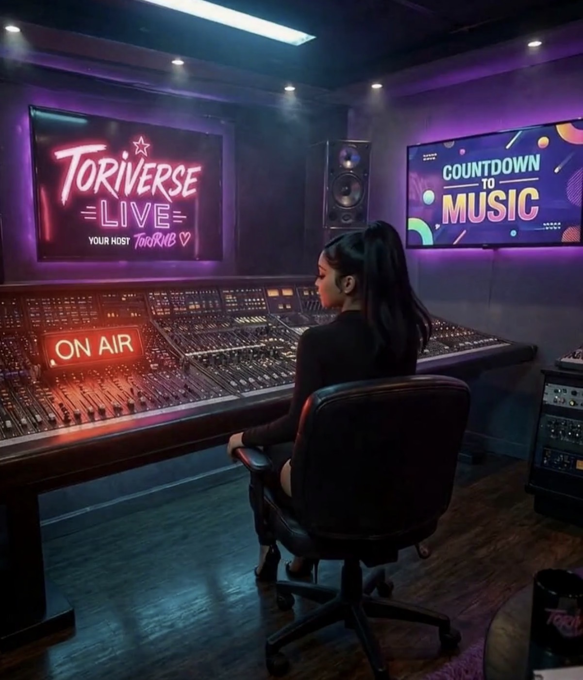 ToriVerse Live — Countdown to Music studio cover with Tori RnB on the boards