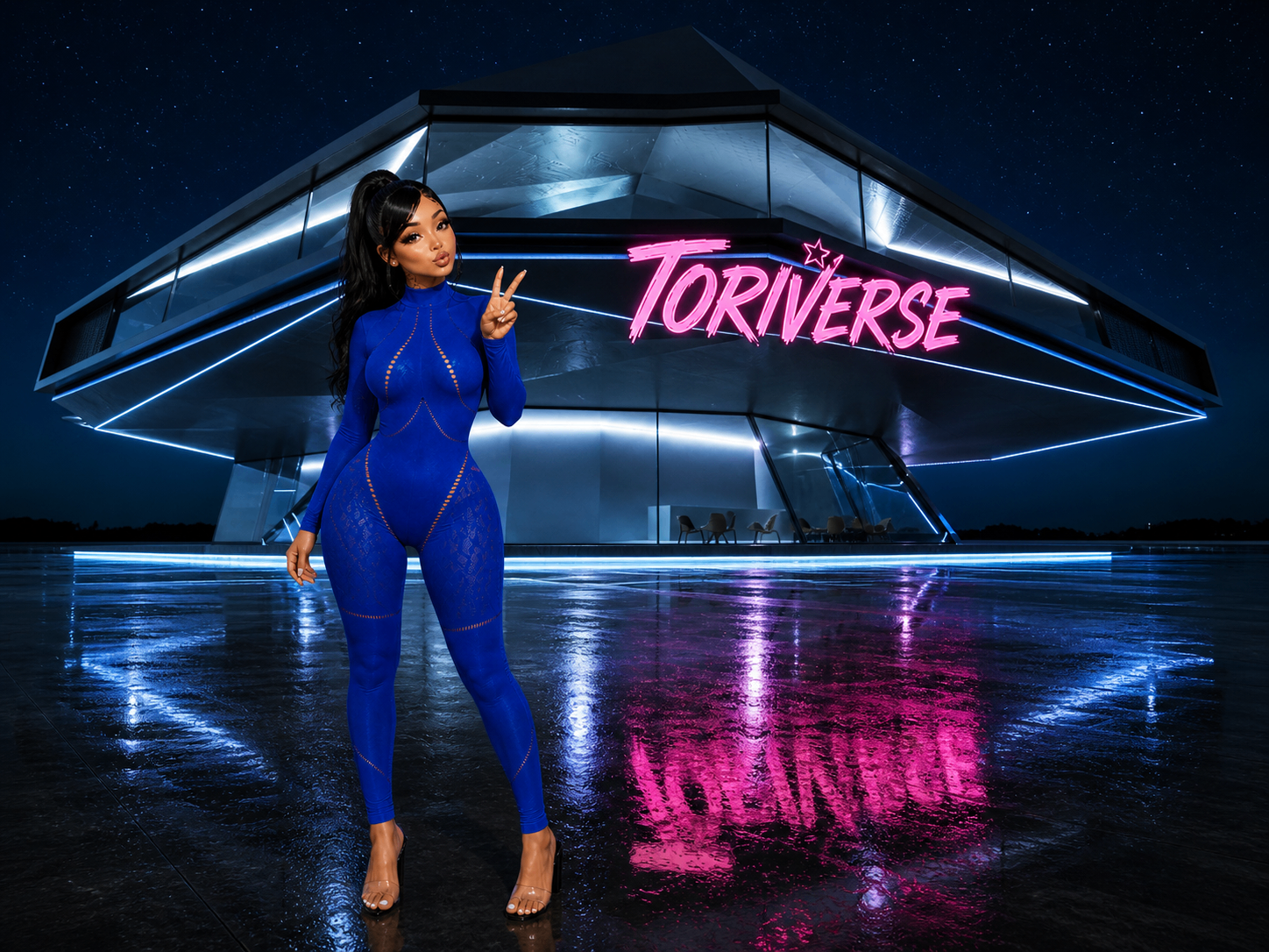 ToriVerse — Tori RnB in front of the neon ToriVerse pavilion
